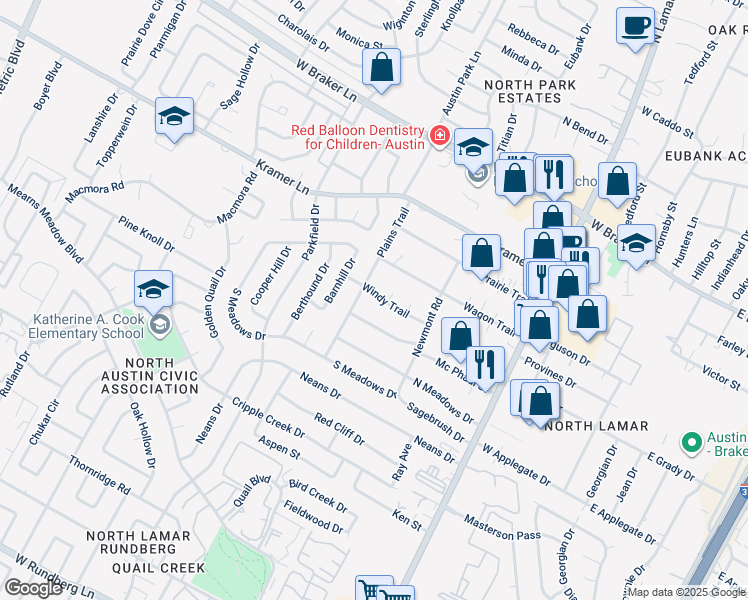 map of restaurants, bars, coffee shops, grocery stores, and more near 10704 Windy Trail Circle in Austin