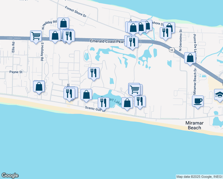 map of restaurants, bars, coffee shops, grocery stores, and more near 113 Seascape Drive in Miramar Beach