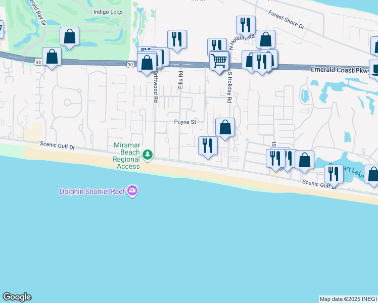 map of restaurants, bars, coffee shops, grocery stores, and more near 50 Surf Song Lane in Miramar Beach