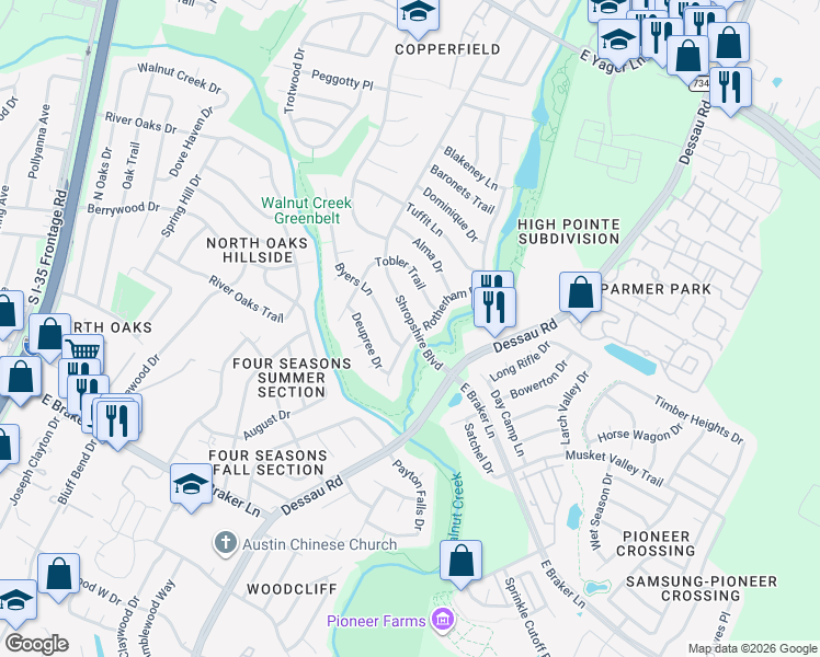 map of restaurants, bars, coffee shops, grocery stores, and more near 11831 Shropshire Boulevard in Austin