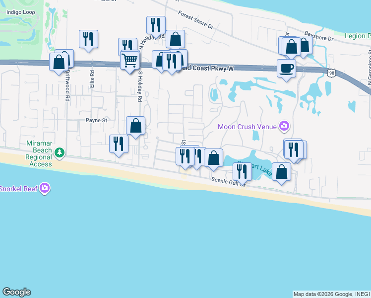 map of restaurants, bars, coffee shops, grocery stores, and more near 58 Sandcastle Cove in Miramar Beach