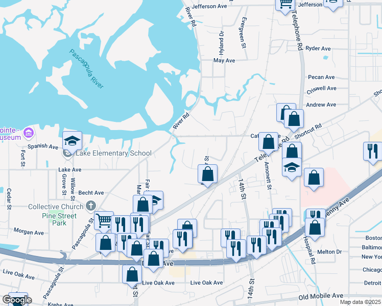 map of restaurants, bars, coffee shops, grocery stores, and more near 4522 Peach Street in Pascagoula