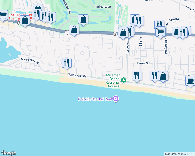 map of restaurants, bars, coffee shops, grocery stores, and more near 2500 Scenic Gulf Drive in Miramar Beach