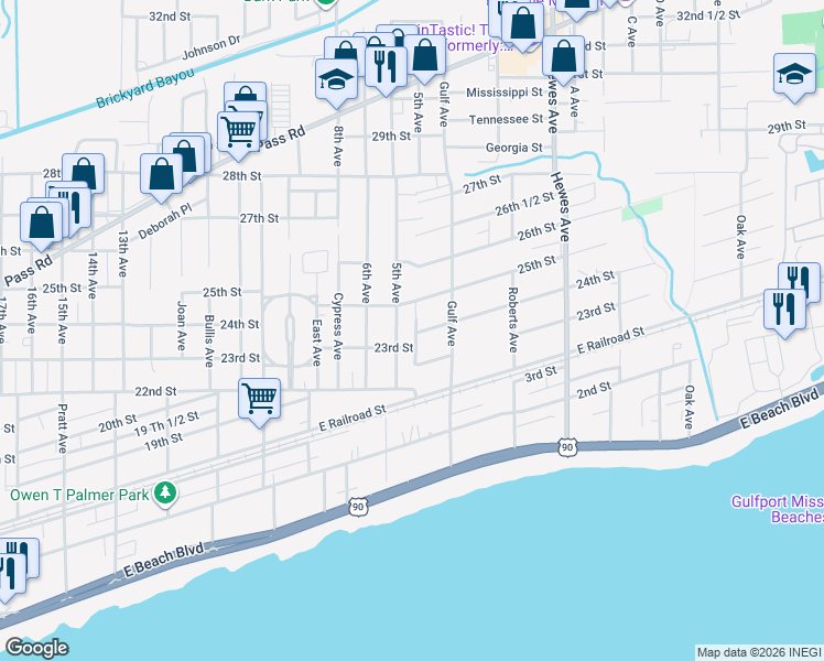 map of restaurants, bars, coffee shops, grocery stores, and more near 2339 5th Avenue in Gulfport