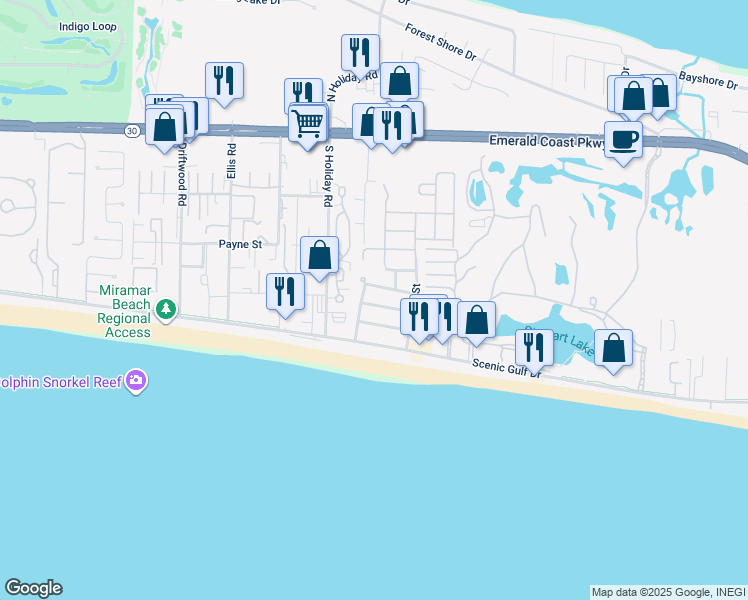 map of restaurants, bars, coffee shops, grocery stores, and more near 718 Hollywood Street in Miramar Beach