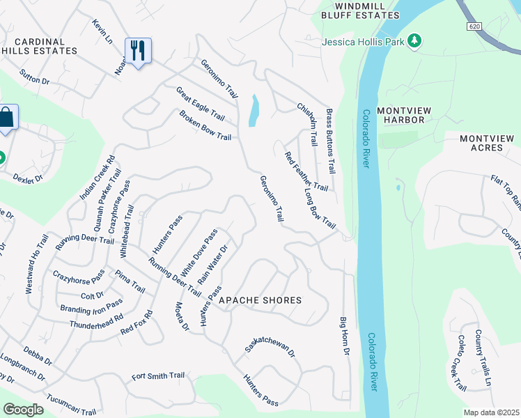 map of restaurants, bars, coffee shops, grocery stores, and more near 14310 Hunters Pass in Austin