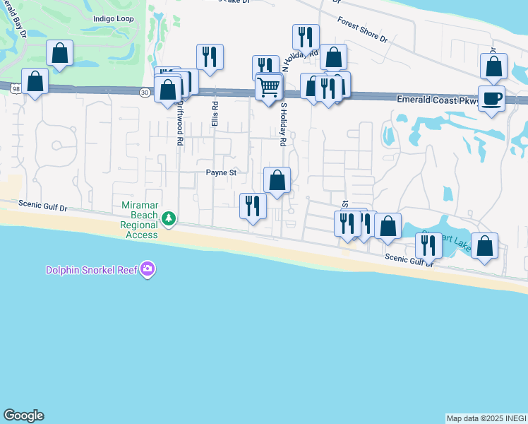 map of restaurants, bars, coffee shops, grocery stores, and more near 64 Cross Creek Road in Destin