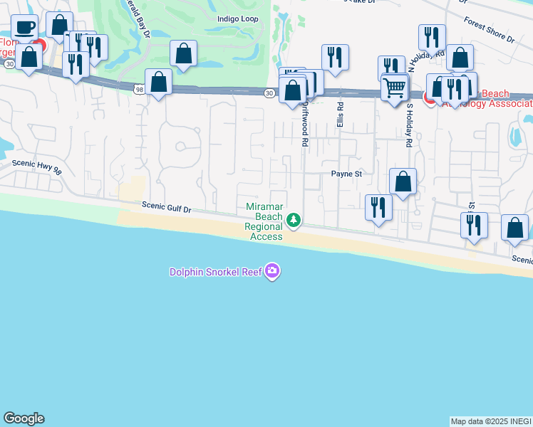 map of restaurants, bars, coffee shops, grocery stores, and more near 58 Paginet Road in Miramar Beach