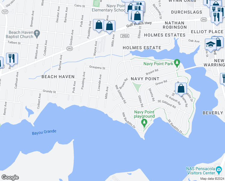 map of restaurants, bars, coffee shops, grocery stores, and more near 1248 Heinrich Street in Pensacola