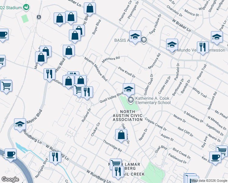 map of restaurants, bars, coffee shops, grocery stores, and more near 10301 Stubble Quail Drive in Austin