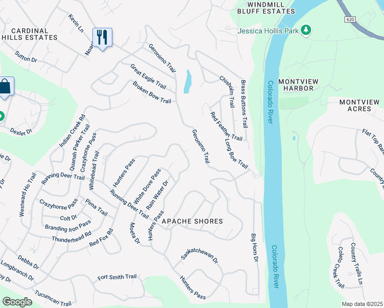 map of restaurants, bars, coffee shops, grocery stores, and more near 14310 Hunters Pass in Austin