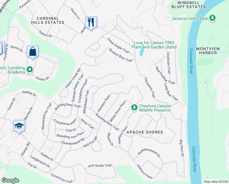 map of restaurants, bars, coffee shops, grocery stores, and more near 2640 Crazyhorse Pass in Austin