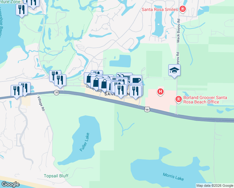 map of restaurants, bars, coffee shops, grocery stores, and more near in Miramar Beach