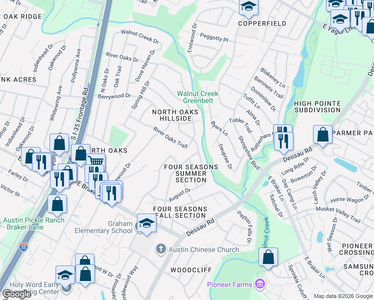 map of restaurants, bars, coffee shops, grocery stores, and more near 11639 River Oaks Trail in Austin