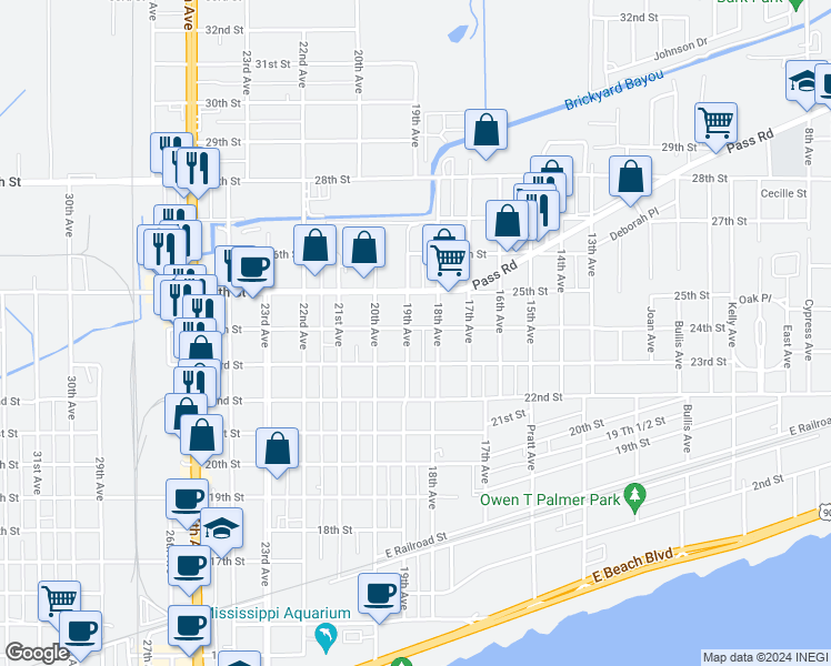 map of restaurants, bars, coffee shops, grocery stores, and more near 1819 24th Street in Gulfport