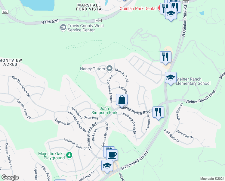 map of restaurants, bars, coffee shops, grocery stores, and more near 3828 Epperson Trail in Austin