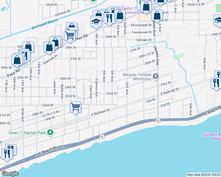 map of restaurants, bars, coffee shops, grocery stores, and more near 2339 5th Avenue in Gulfport