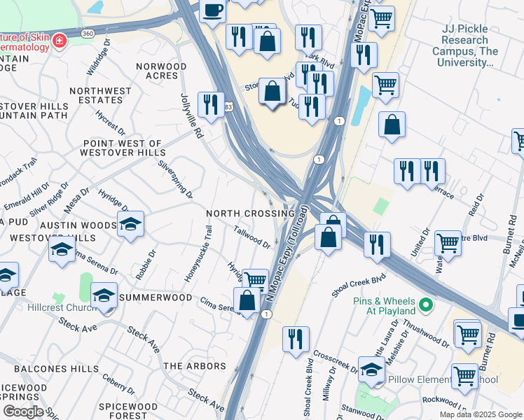 map of restaurants, bars, coffee shops, grocery stores, and more near 8901 Business Park Drive in Austin