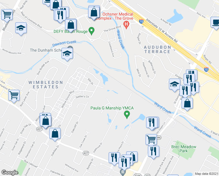 map of restaurants, bars, coffee shops, grocery stores, and more near 11811 Oak Shadow Avenue in Baton Rouge