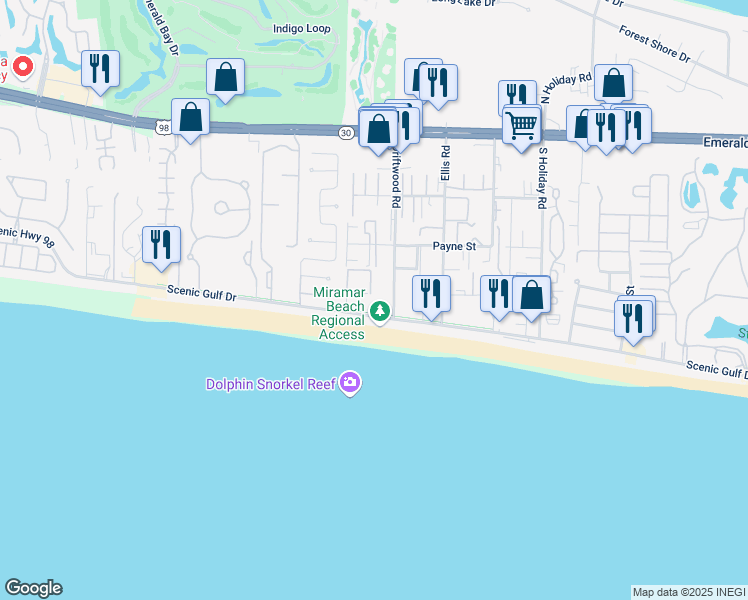map of restaurants, bars, coffee shops, grocery stores, and more near 2384 Scenic Gulf Drive in Miramar Beach