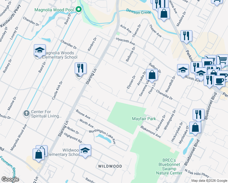 map of restaurants, bars, coffee shops, grocery stores, and more near 9056 Stonecroft Avenue in Baton Rouge