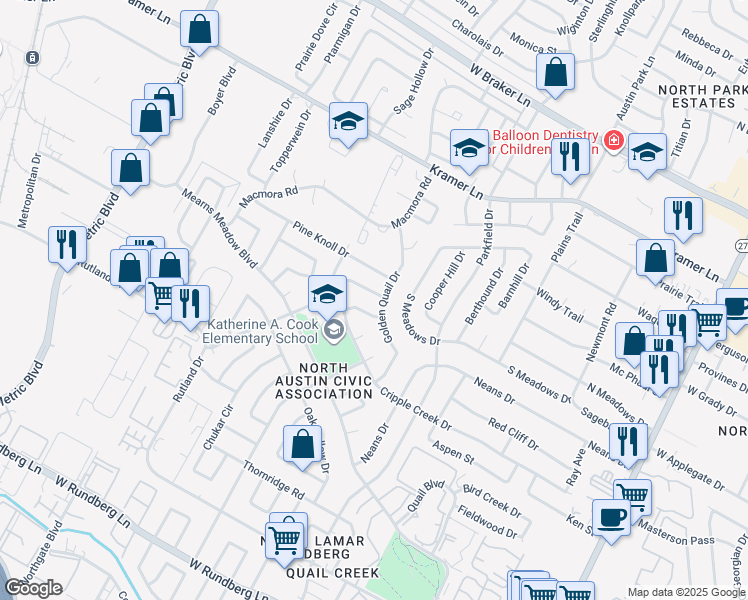 map of restaurants, bars, coffee shops, grocery stores, and more near 1401 Pine Knoll Drive in Austin