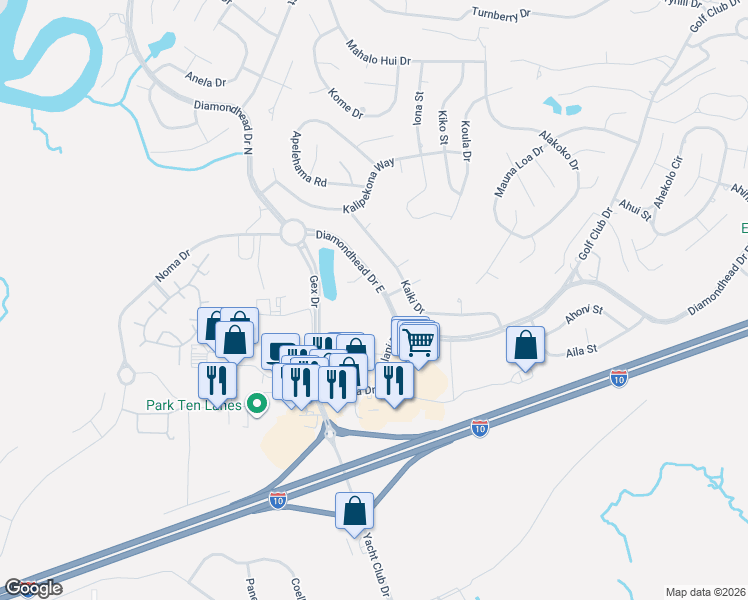 map of restaurants, bars, coffee shops, grocery stores, and more near 5424 Diamondhead Dr E in Diamondhead