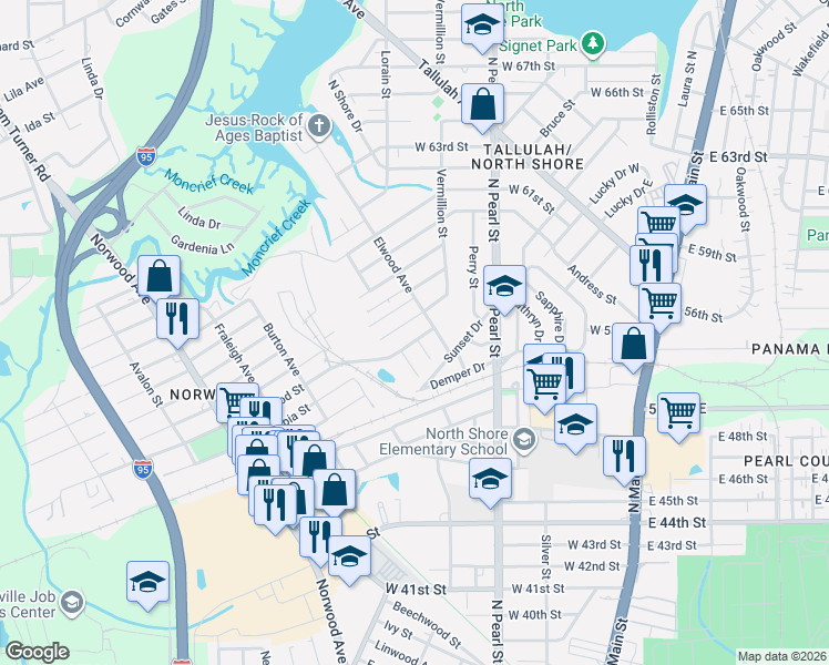 map of restaurants, bars, coffee shops, grocery stores, and more near 415 Duray Street in Jacksonville
