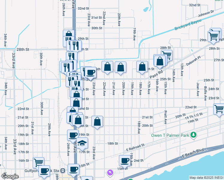 map of restaurants, bars, coffee shops, grocery stores, and more near 2104 24th Street in Gulfport