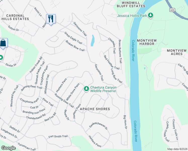 map of restaurants, bars, coffee shops, grocery stores, and more near 14310 Hunters Pass in Austin