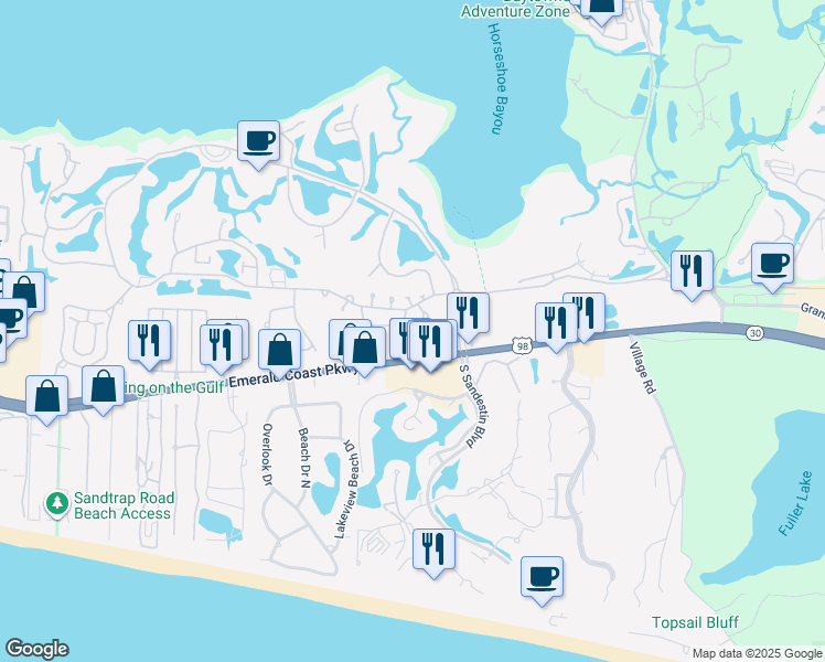 map of restaurants, bars, coffee shops, grocery stores, and more near 540 Augusta Drive in Miramar Beach