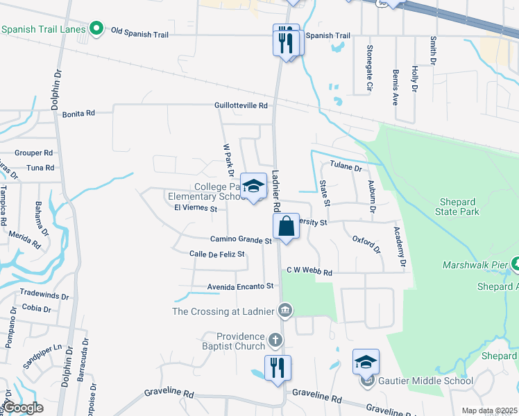 map of restaurants, bars, coffee shops, grocery stores, and more near 2617 Ladnier Road in Gautier