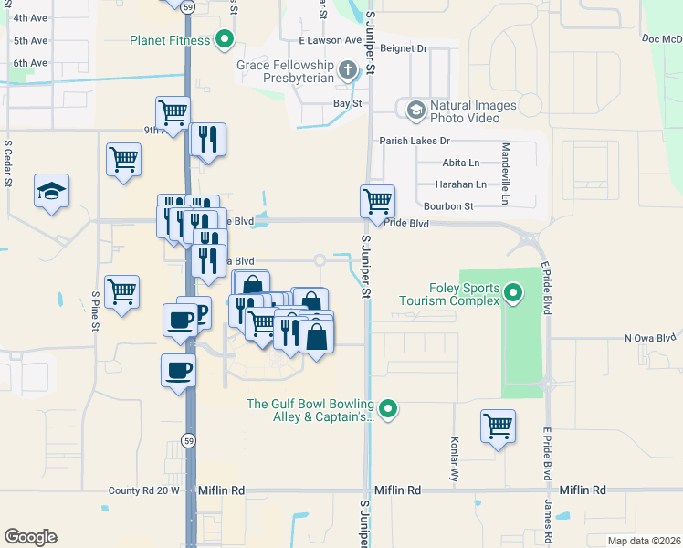 map of restaurants, bars, coffee shops, grocery stores, and more near 472-598 Riviera Boulevard in Foley