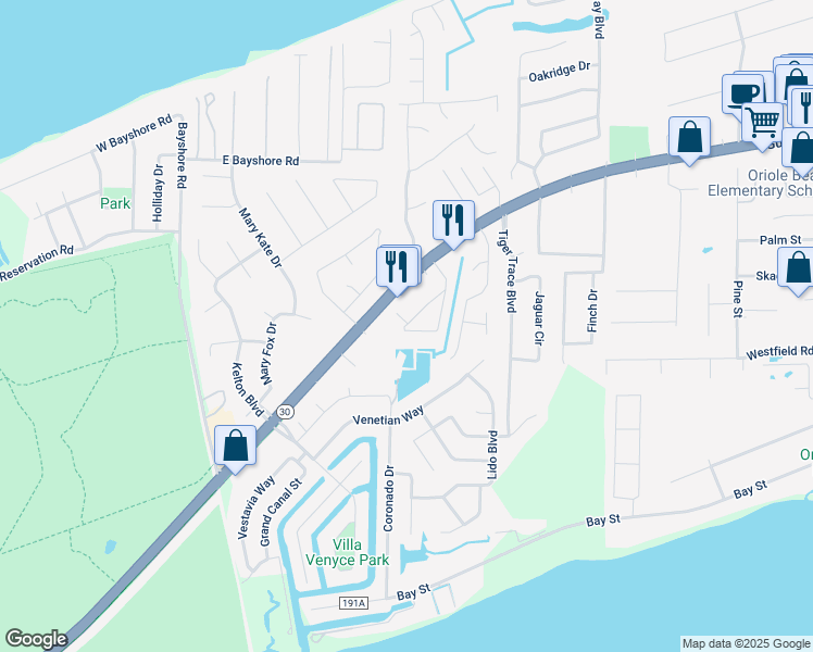 map of restaurants, bars, coffee shops, grocery stores, and more near 2851 Villa Woods Circle in Gulf Breeze