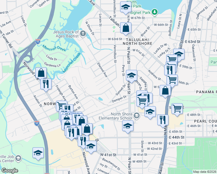 map of restaurants, bars, coffee shops, grocery stores, and more near 415 Duray Street in Jacksonville