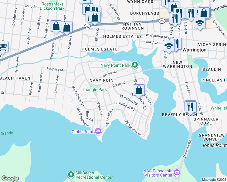 map of restaurants, bars, coffee shops, grocery stores, and more near 101 Southeast Kalash Road in Pensacola
