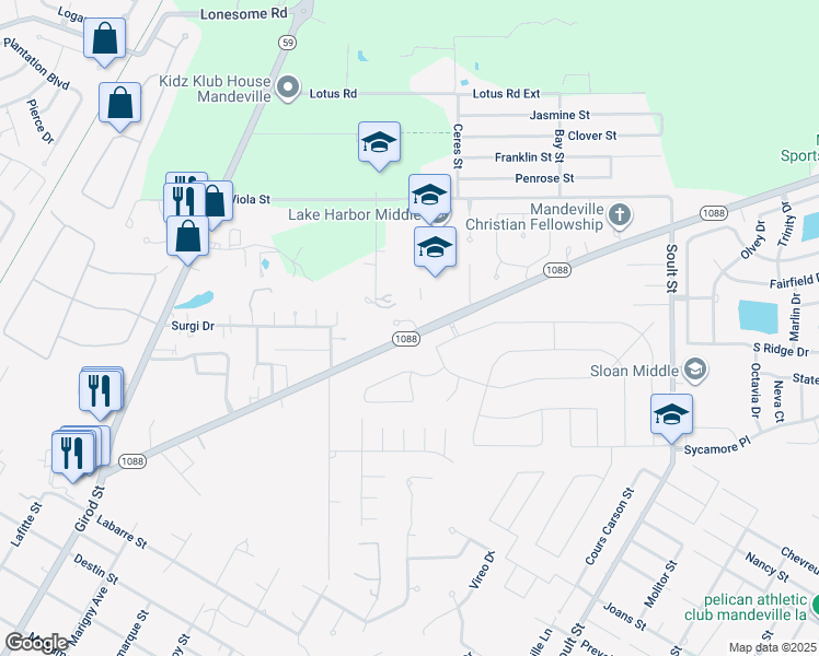 map of restaurants, bars, coffee shops, grocery stores, and more near 119 Casa Bella Court in Mandeville