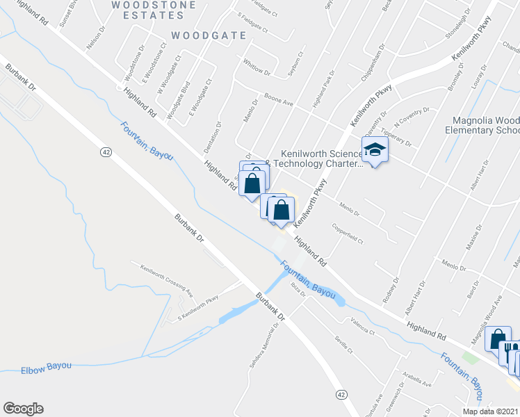 map of restaurants, bars, coffee shops, grocery stores, and more near Highland Rd & Highland Park Dr in Baton Rouge