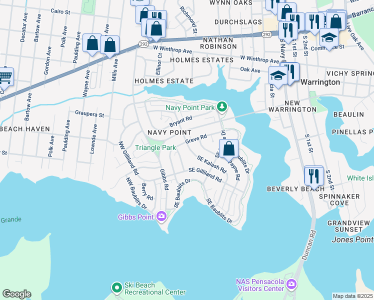 map of restaurants, bars, coffee shops, grocery stores, and more near 105 Southeast Kalash Road in Pensacola