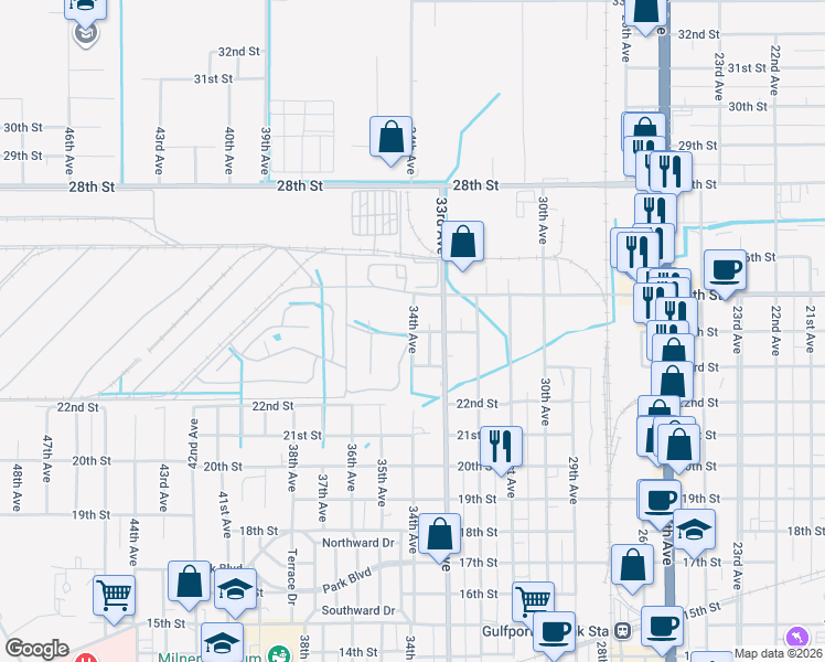 map of restaurants, bars, coffee shops, grocery stores, and more near 2401 34th Avenue in Gulfport