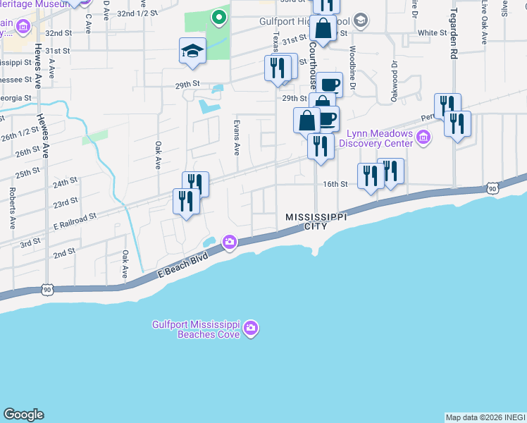 map of restaurants, bars, coffee shops, grocery stores, and more near 217 Murphy Avenue in Gulfport