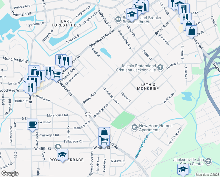 map of restaurants, bars, coffee shops, grocery stores, and more near 1622 Rosanne Street in Jacksonville