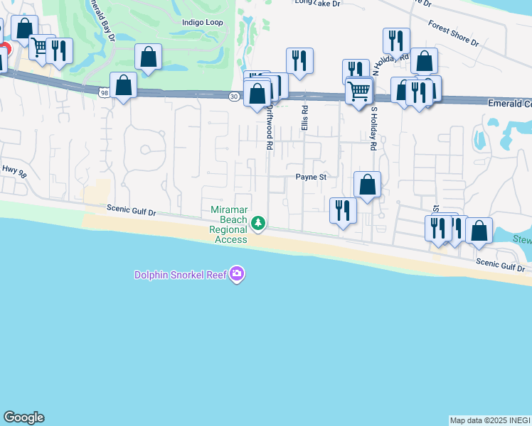 map of restaurants, bars, coffee shops, grocery stores, and more near 17 Newman Drive in Miramar Beach