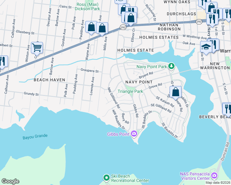 map of restaurants, bars, coffee shops, grocery stores, and more near 203 Brown Road in Pensacola