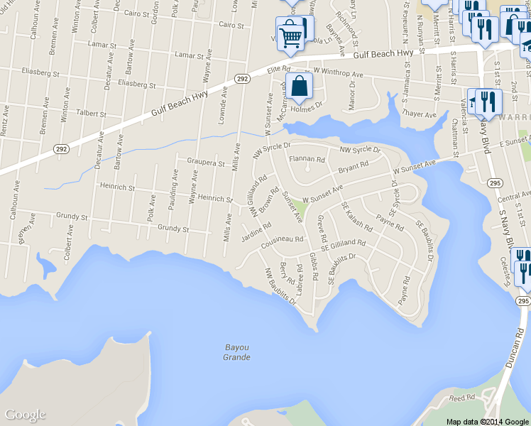 map of restaurants, bars, coffee shops, grocery stores, and more near 203 Brown Road in Pensacola