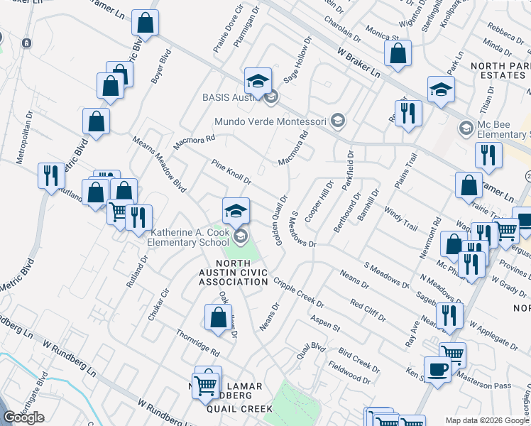 map of restaurants, bars, coffee shops, grocery stores, and more near 1401 Pine Knoll Drive in Austin