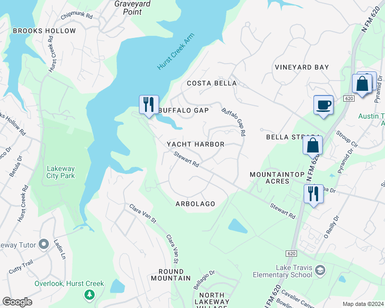 map of restaurants, bars, coffee shops, grocery stores, and more near 16204 Monks Mountain Drive in Austin