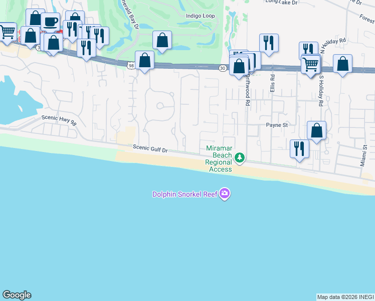 map of restaurants, bars, coffee shops, grocery stores, and more near 2606 Scenic Gulf Drive in Miramar Beach