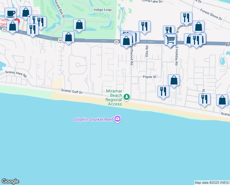 map of restaurants, bars, coffee shops, grocery stores, and more near 58 Paginet Road in Miramar Beach