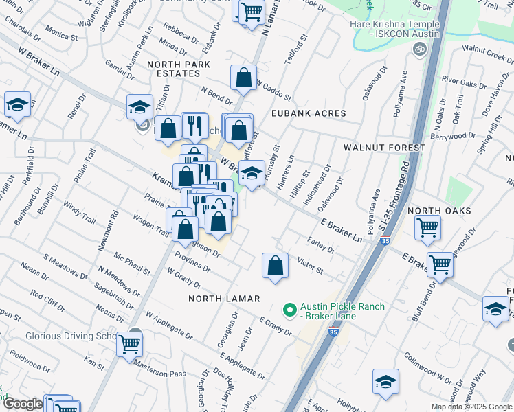 map of restaurants, bars, coffee shops, grocery stores, and more near 401 West Braker Lane in Austin